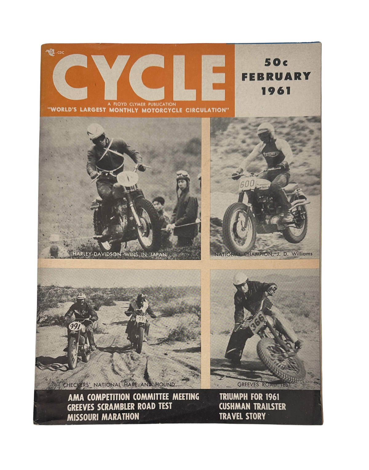 Cycle Magazine February 1961 cover featuring the Greeves Scrambler road test, A.M.A. competition, and Triumph updates with motorcycle racing images.