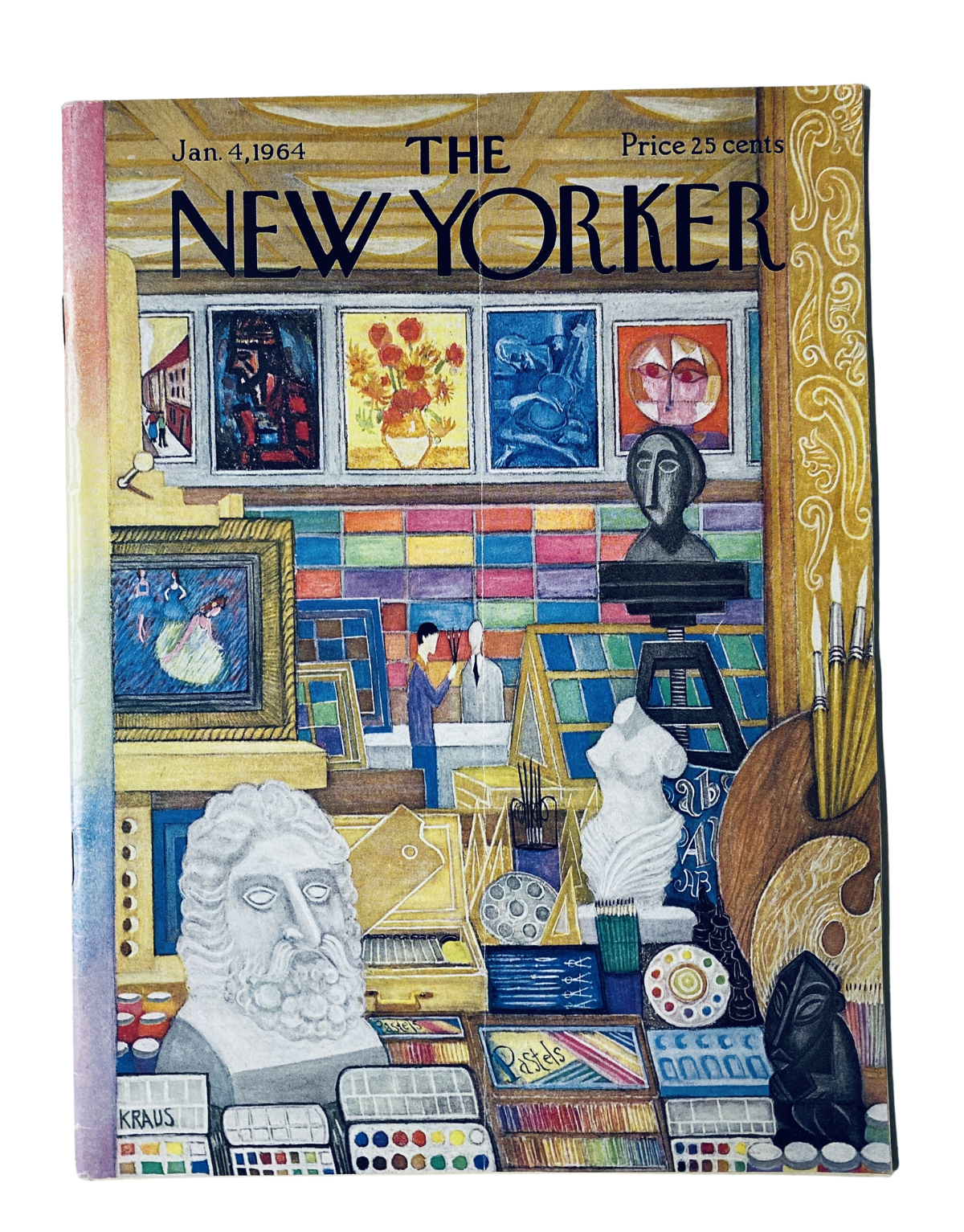 The New Yorker Magazine January 4, 1964 cover art by Robert Kraus, featuring a vibrant art studio gallery scene filled with classical sculptures and colorful paintings.