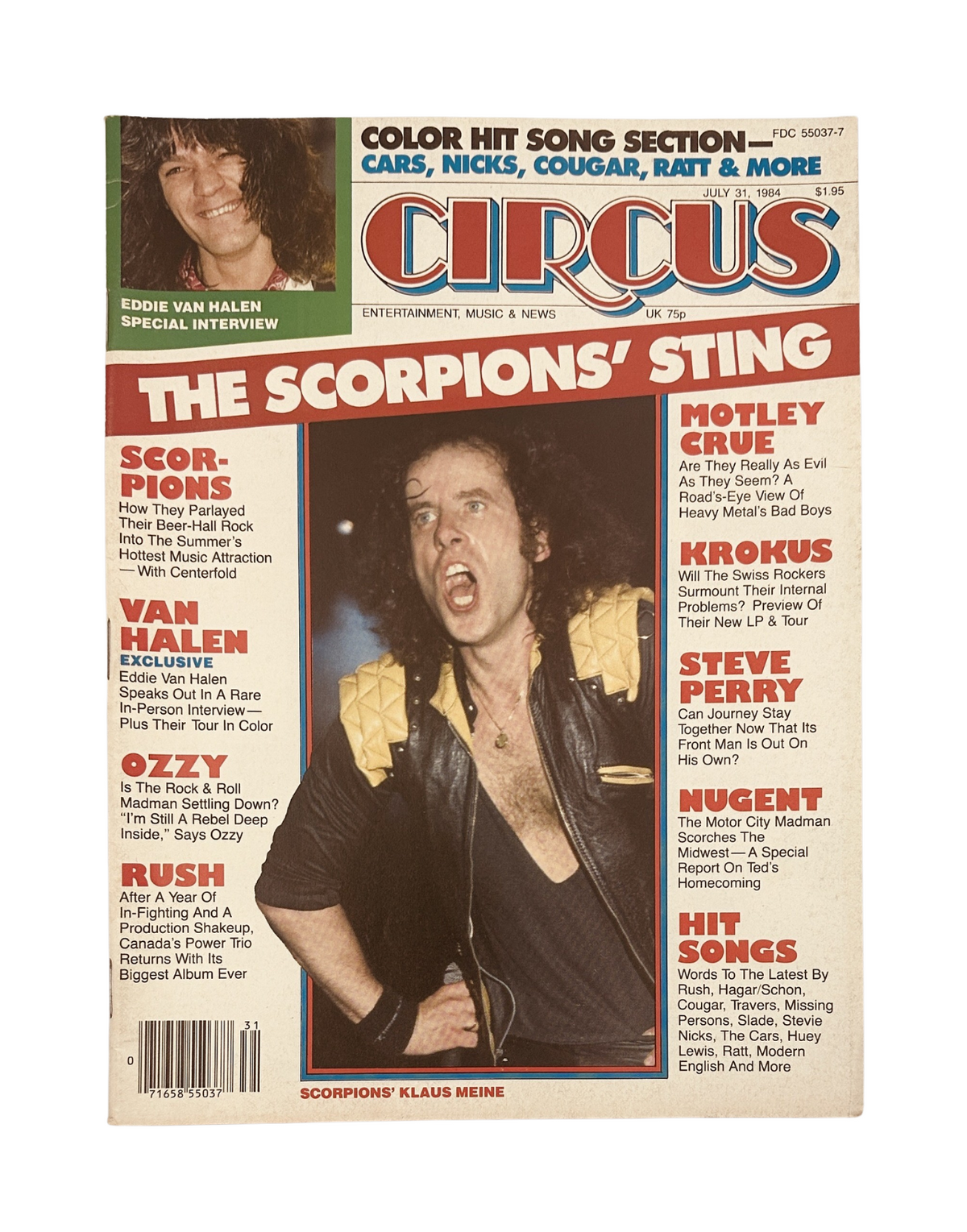 Cover of Circus Magazine dated July 31, 1984 featuring Klaus Meine of the Scorpions and a special interview with Eddie Van Halen, highlighting the headline 'The Scorpions' Sting'.