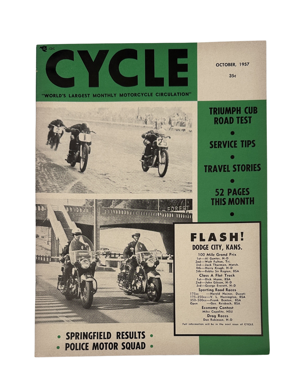 Cycle Magazine October 1957 cover featuring the Triumph Cub Road Test, Springfield Results, Police Motor Squad, and travel stories. Celebrated as the world's largest monthly motorcycle circulation.