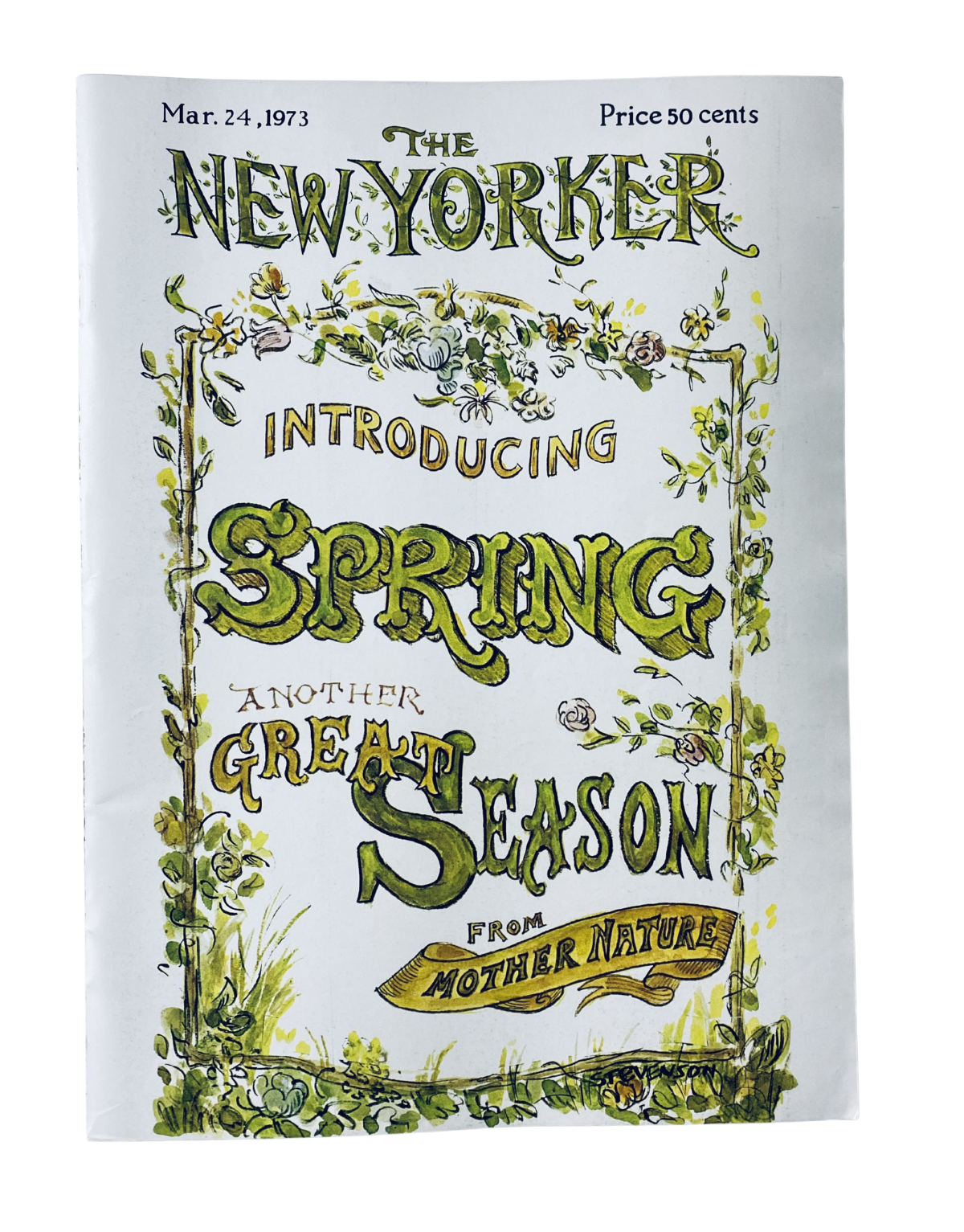 Vintage cover of The New Yorker Magazine from March 24, 1973, featuring typography introducing Spring, illustrated by J. Stevenson.