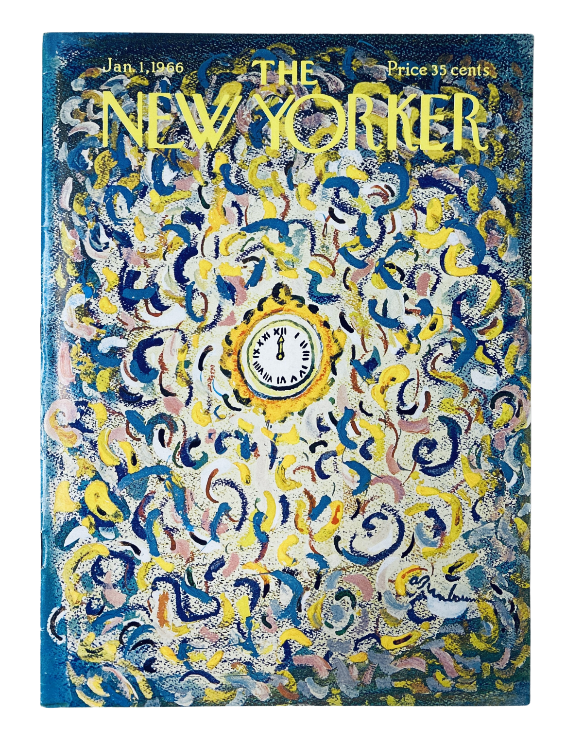 The New Yorker Magazine January 1, 1966 Abstract Clock Cover by Abe Birnbaum, featuring a vibrant, colorful abstract design with a clock centerpiece.