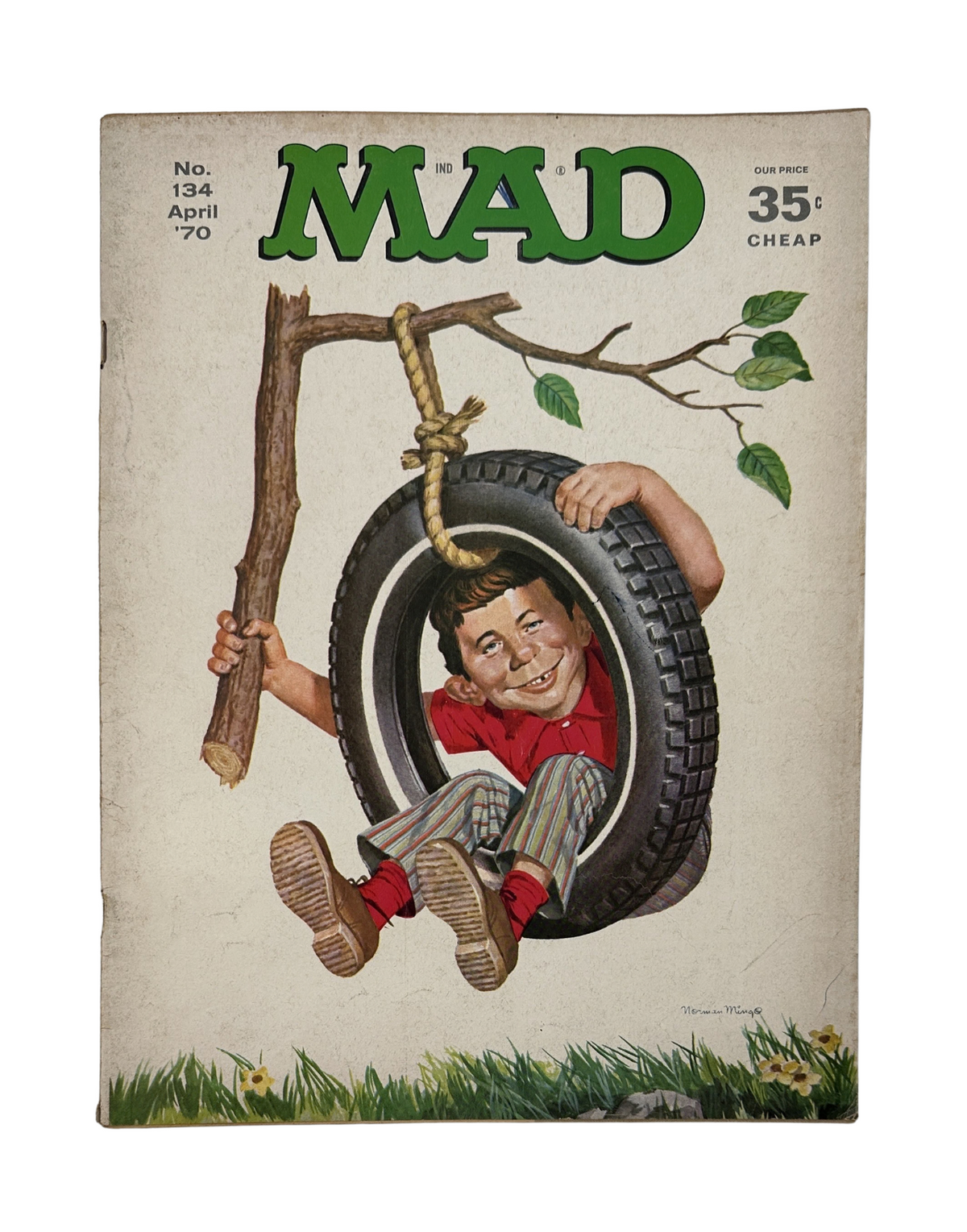 MAD Magazine No. 134 April 1970 cover featuring a playful boy swinging from a tire, illustrating its humor and nostalgic appeal.