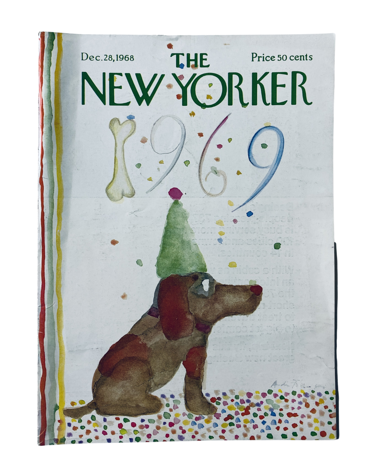 Cover of The New Yorker Magazine December 28, 1968 featuring a colorful illustration of a dog with a party hat celebrating the 1969 New Year.
