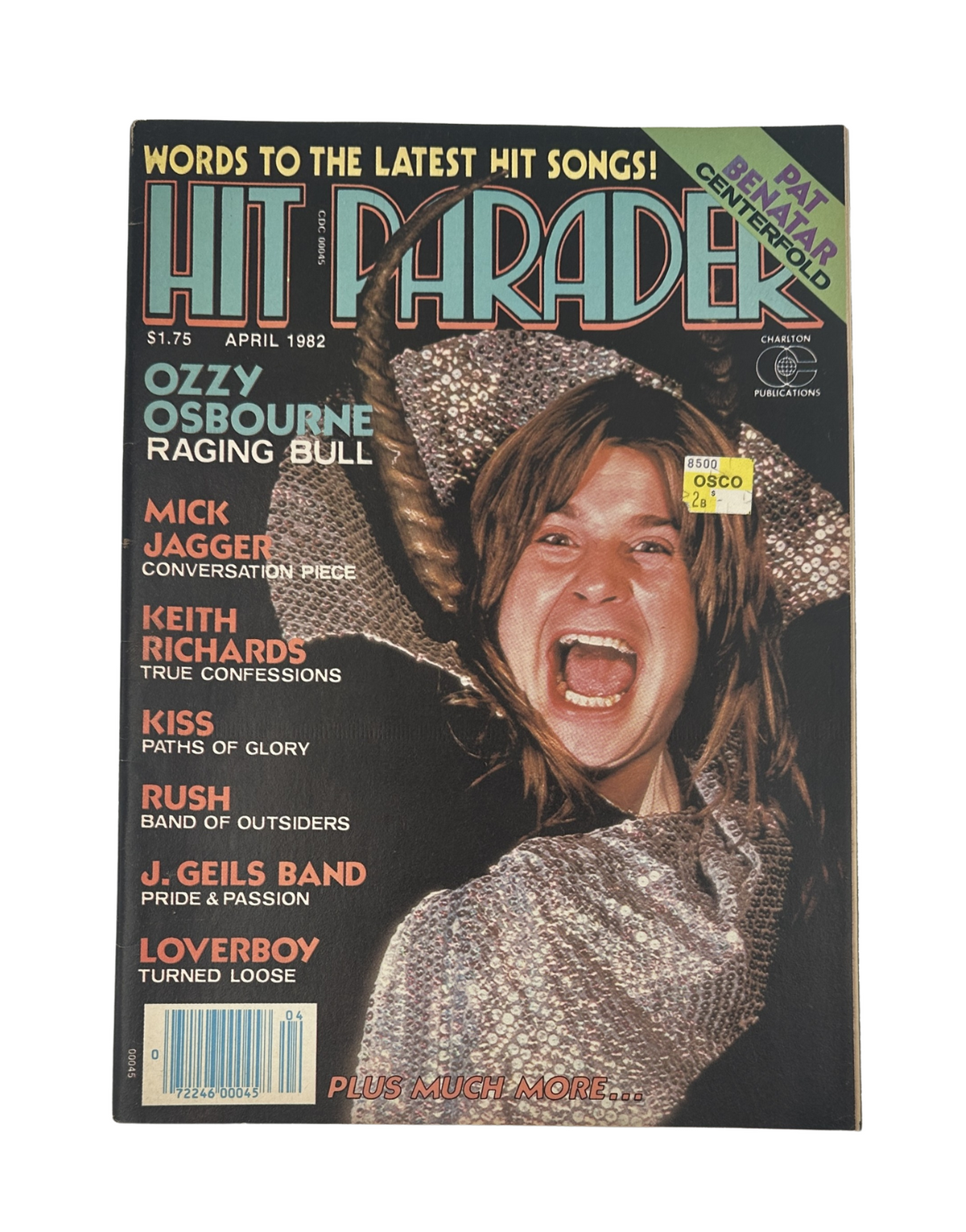 Cover of Hit Parader Magazine, April 1982 featuring Ozzy Osbourne, Mick Jagger, and Keith Richards, in very good condition with vibrant colors and descriptions of featured artists.