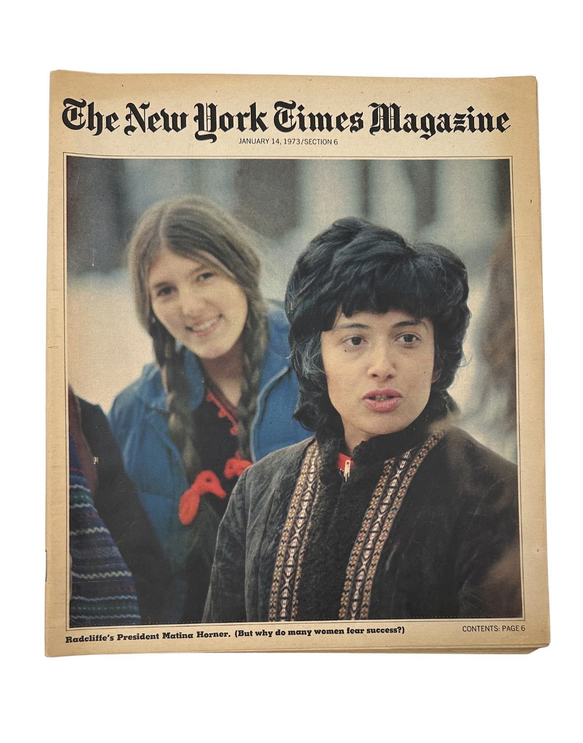 Cover of The New York Times Magazine dated January 14, 1973, featuring Matina Horner, Radcliffe College President, with a background highlighting themes of feminism and women's success.