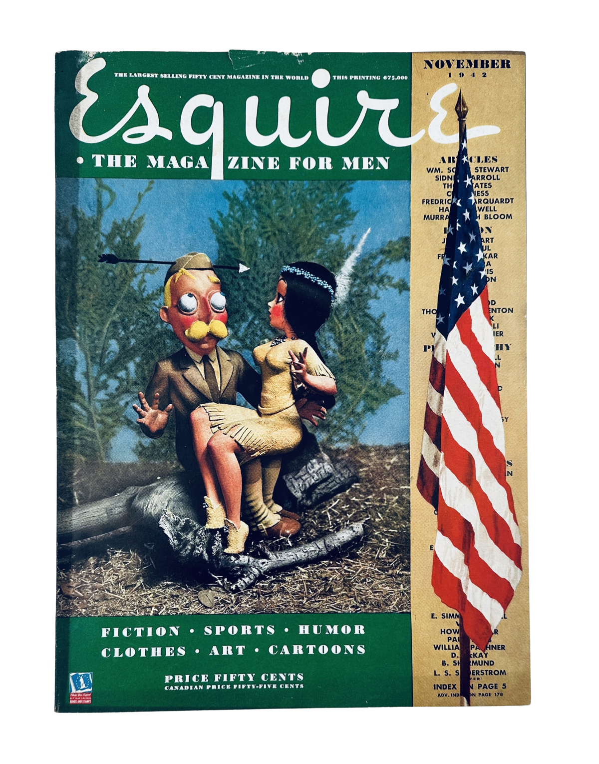 Cover of Esquire Magazine November 1942 featuring a whimsical illustration and pinup art with a patriotic theme incorporating an American flag.