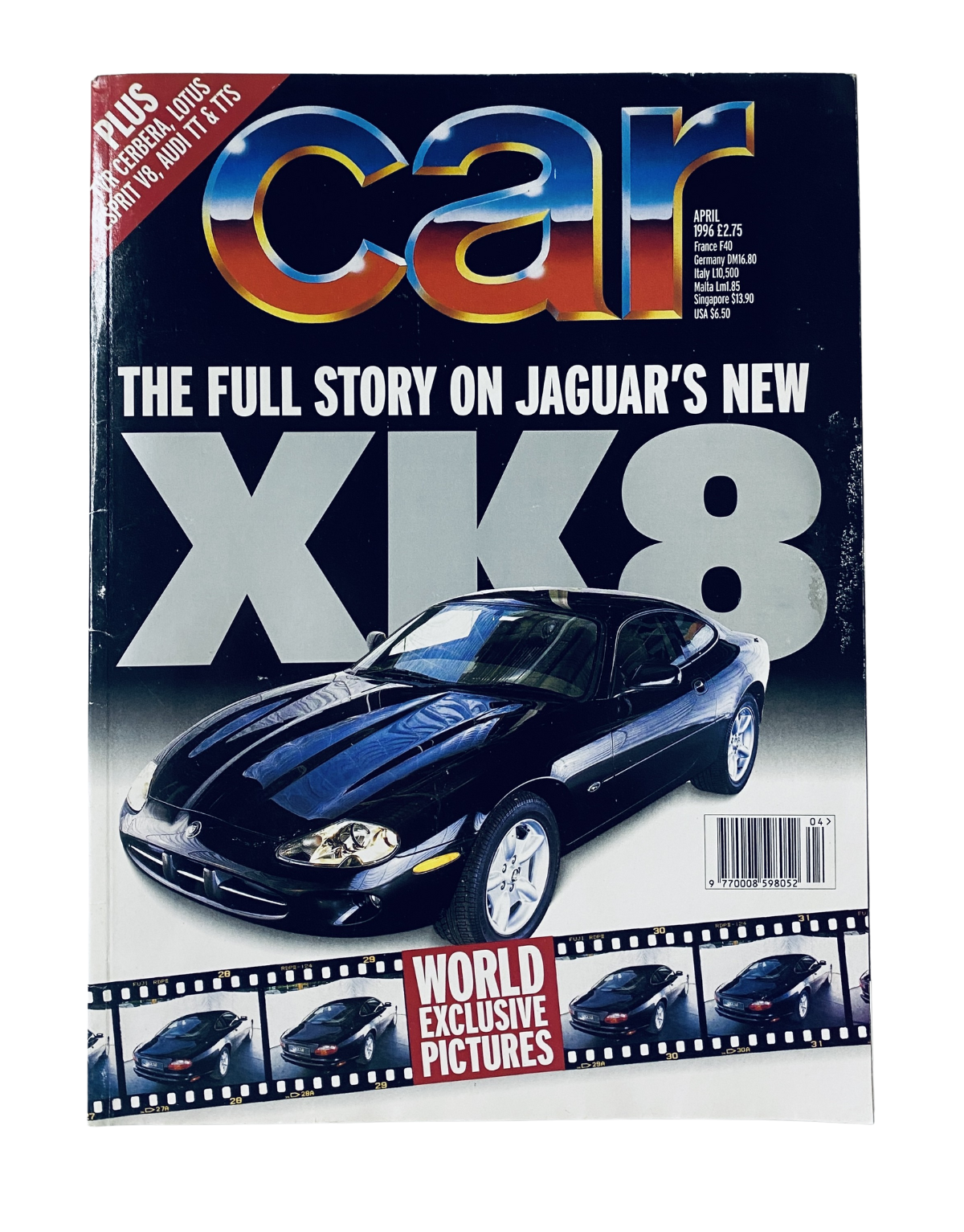 Cover of CAR Magazine April 1996 featuring Jaguar XK8 with the headline 'The Full Story on Jaguar's New XK8' and images of featured vehicles including Audi TT and Lotus Esprit.