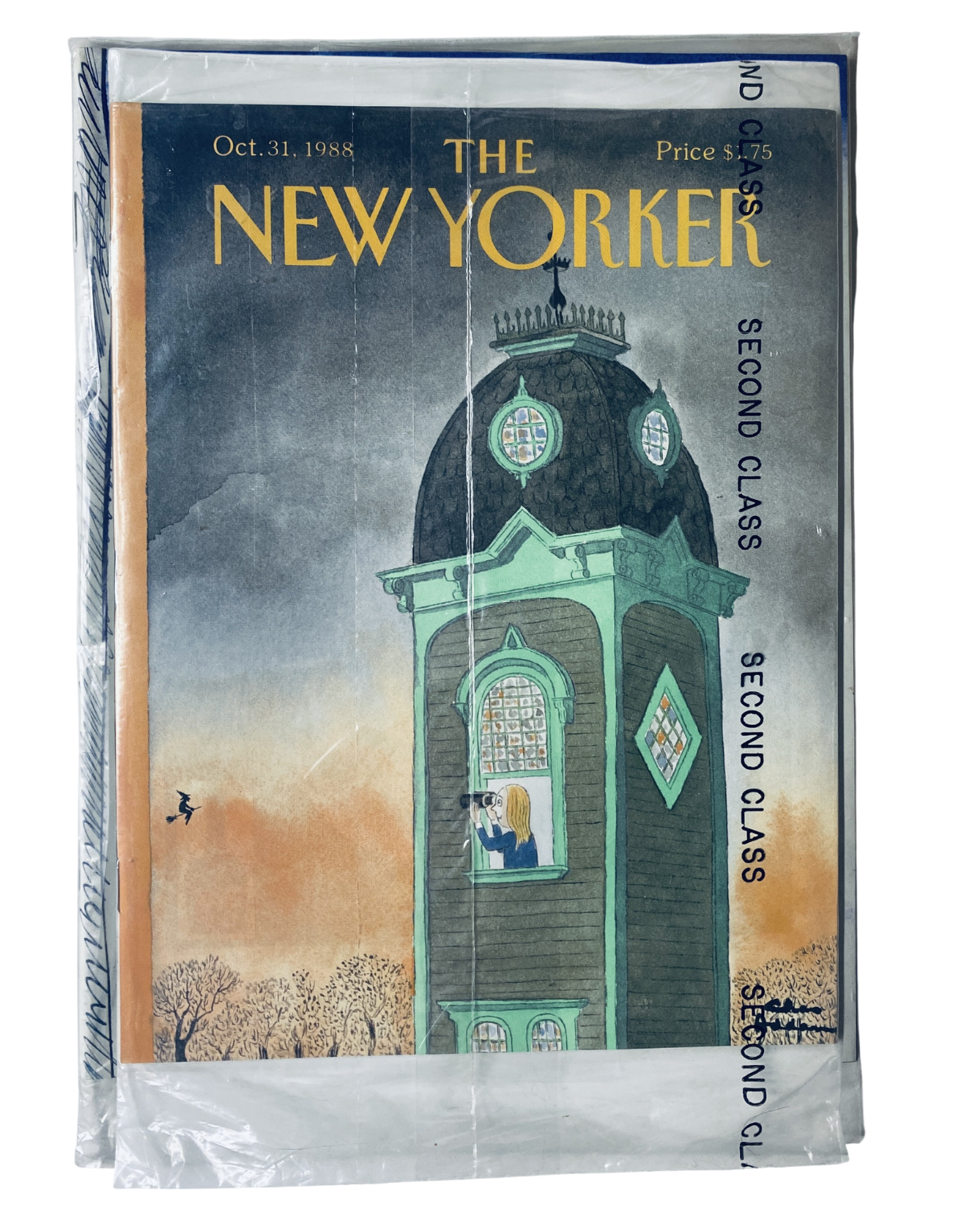 SEALED The New Yorker Magazine October 31, 1988 featuring a Clock Tower and Binoculars on the cover, showcasing a vintage illustration with a woman looking out a window.