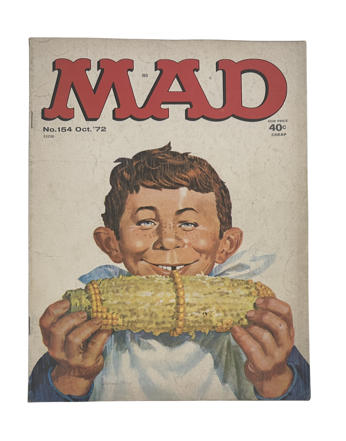 MAD Magazine #154 from October 1972 featuring a young boy smiling while holding corn, showcasing the cover art in Very Good condition.