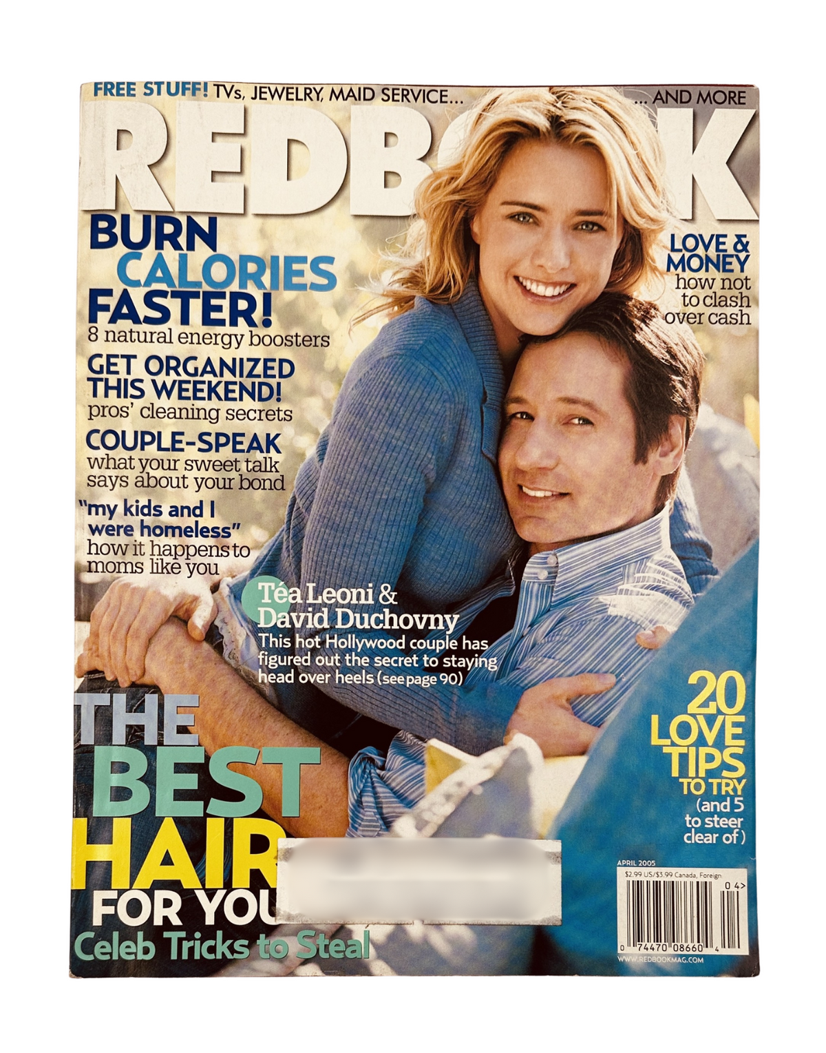 Cover of Redbook Magazine from April 2005 featuring Téa Leoni and David Duchovny, along with articles on fitness, organization tips, and relationship advice.