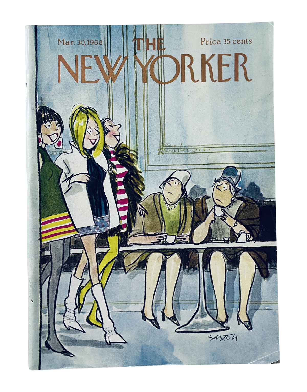 The New Yorker Magazine March 30, 1968 cover featuring a Charles Saxon fashion cartoon illustration showing stylish women and a sophisticated setting.