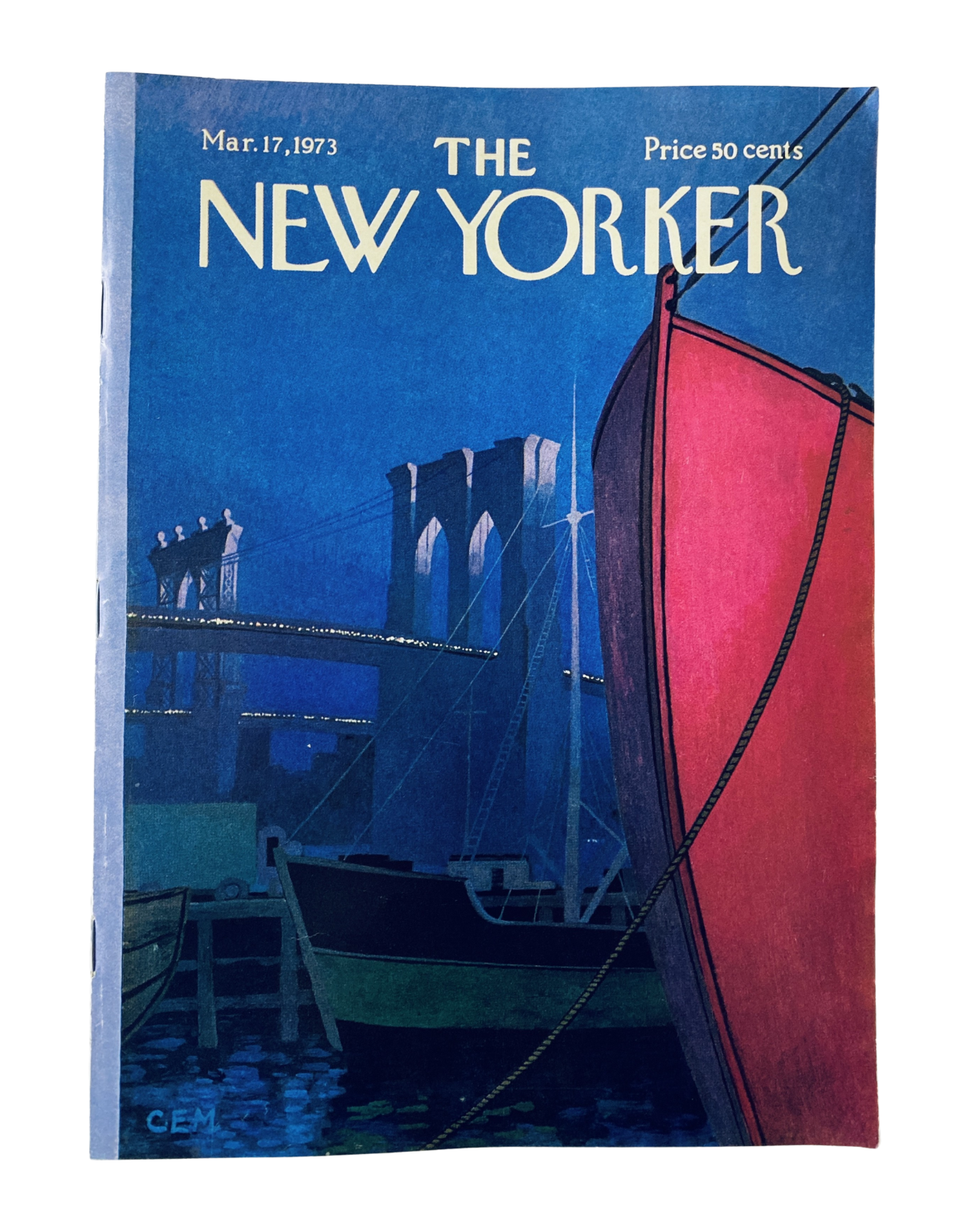 Cover of The New Yorker magazine from March 17, 1973, featuring a striking harbor boats scene with a dark blue background and a red sail, illustrated by Charles Martin.