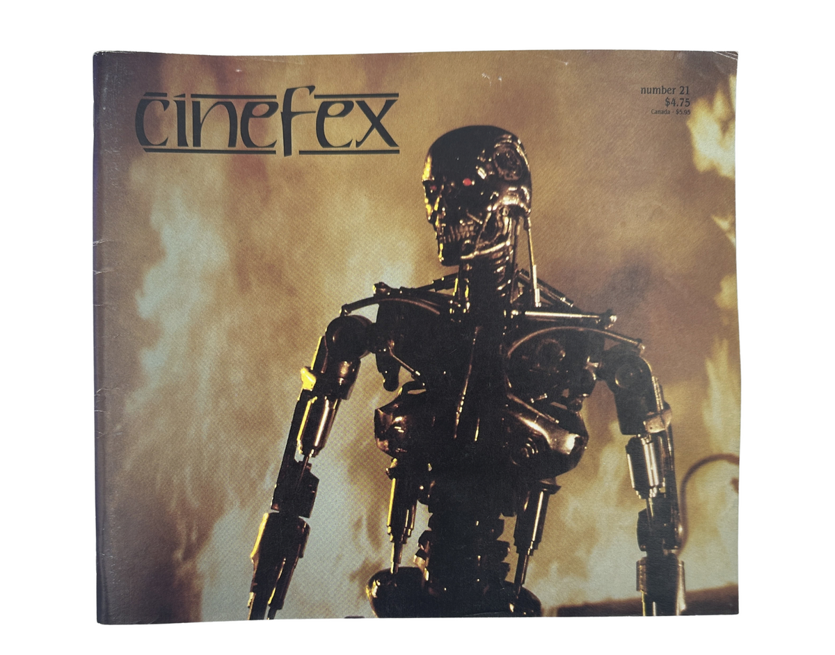 Cinefex Magazine April 1985 No. 21 cover featuring a cyborg endoskeleton from The Terminator amidst flames, illustrating the striking visual effects discussed in the issue.