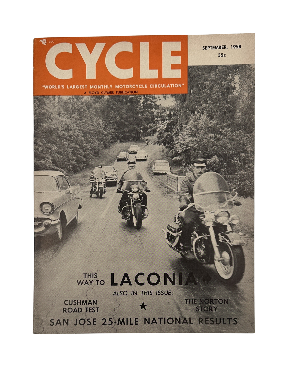 Cycle Magazine September 1958 cover featuring motorcycles and the title "Cycle Magazine September 1958 Laconia San Jose Norton Cushman Road Test VG" with a scenic road background.
