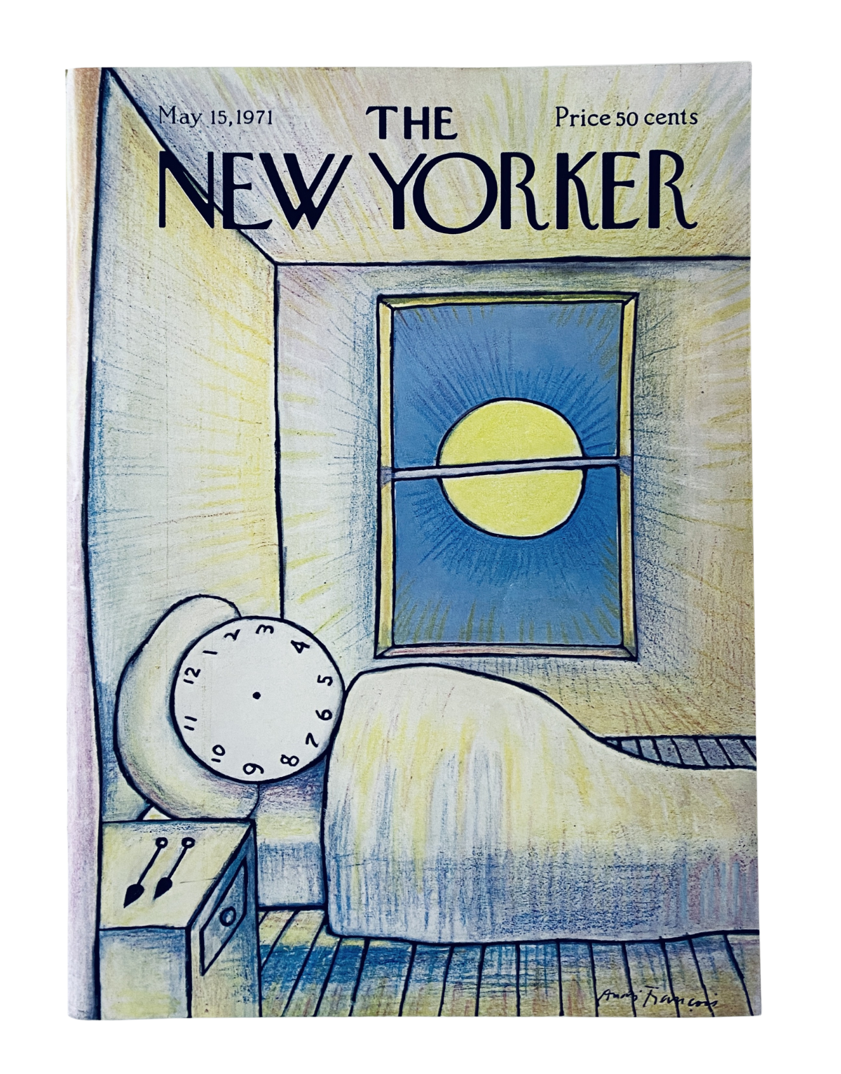 The New Yorker Magazine May 15, 1971 cover by André François featuring a bedroom scene with a large moon visible through a window, evoking a peaceful nighttime atmosphere.