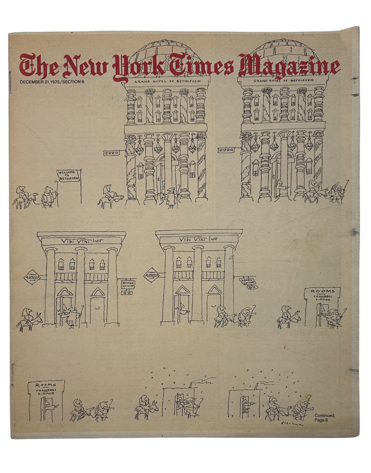 Cover of The New York Times Magazine, December 21, 1975, featuring an illustration titled 'No Room at the Inn' by R. O. Blechman, depicting a visual retelling of the Christmas story.