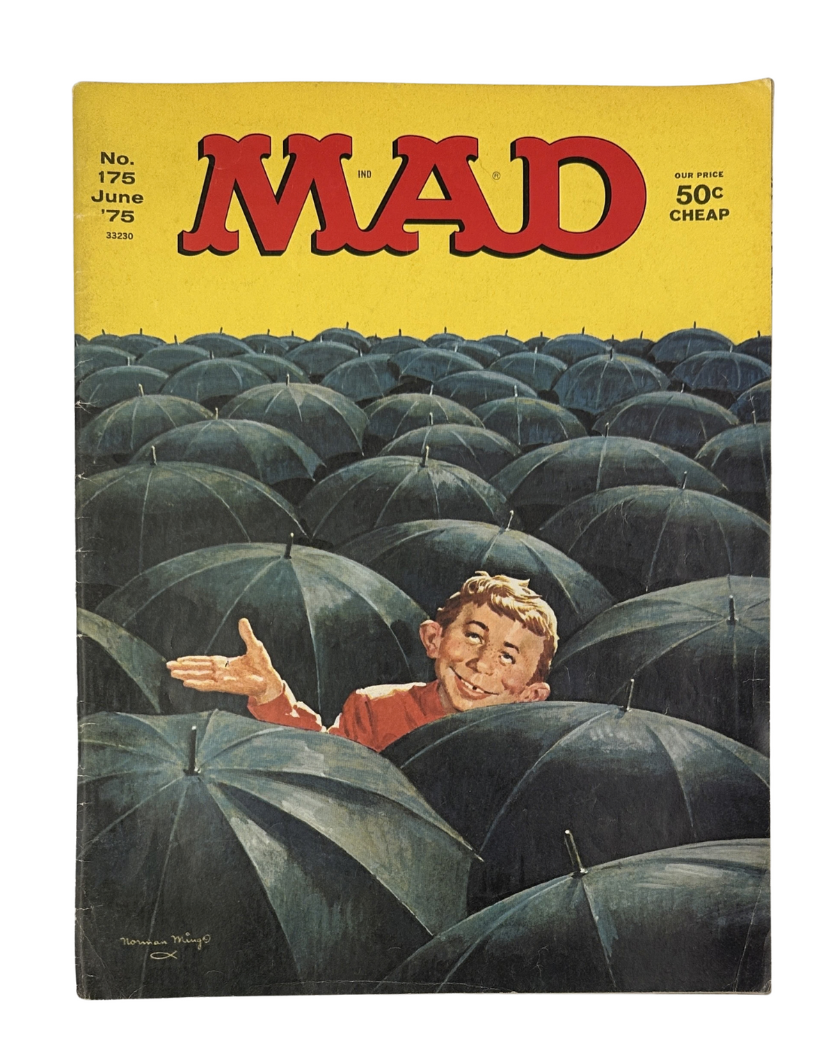 MAD Magazine No. 175 from June 1975 featuring a colorful cover illustration of a boy smiling and waving among numerous umbrellas. This copy is graded Very Good (VG 4.0) and is part of the collection from Original Magazines.