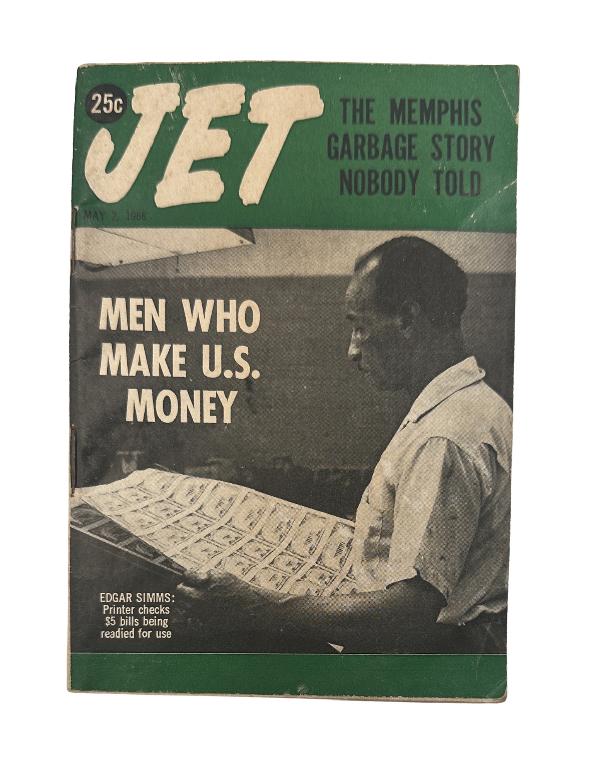 Jet Magazine cover from May 2, 1968 featuring Edgar Simms, titled 'The Memphis Garbage Story Nobody Told.' The cover highlights men who make U.S. money.