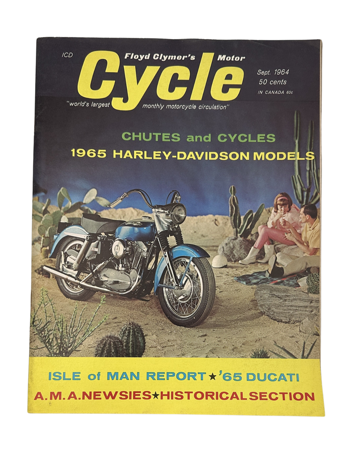 Cover of Cycle Magazine September 1964 featuring the 1965 Harley-Davidson Sportster XLCH Model with vibrant colors and a desert backdrop.