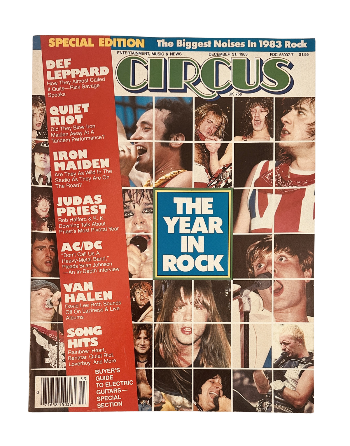 Cover of Circus Magazine December 31, 1983 featuring the title 'The Year in Rock', showcasing iconic rock artists including Def Leppard, Quiet Riot, Iron Maiden, and AC/DC.