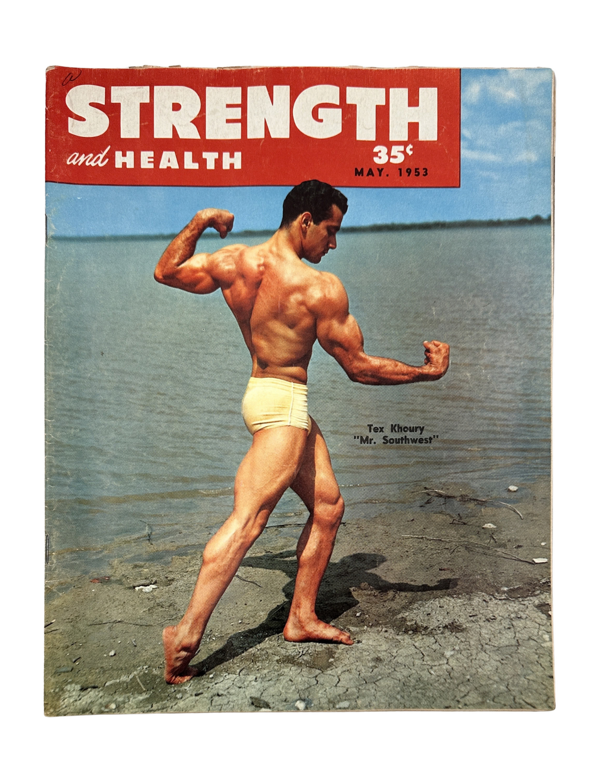 Cover of Strength and Health Magazine May 1953 featuring Tex Khoury, known as 'Mr. Southwest,' flexing his muscles on a beach backdrop.