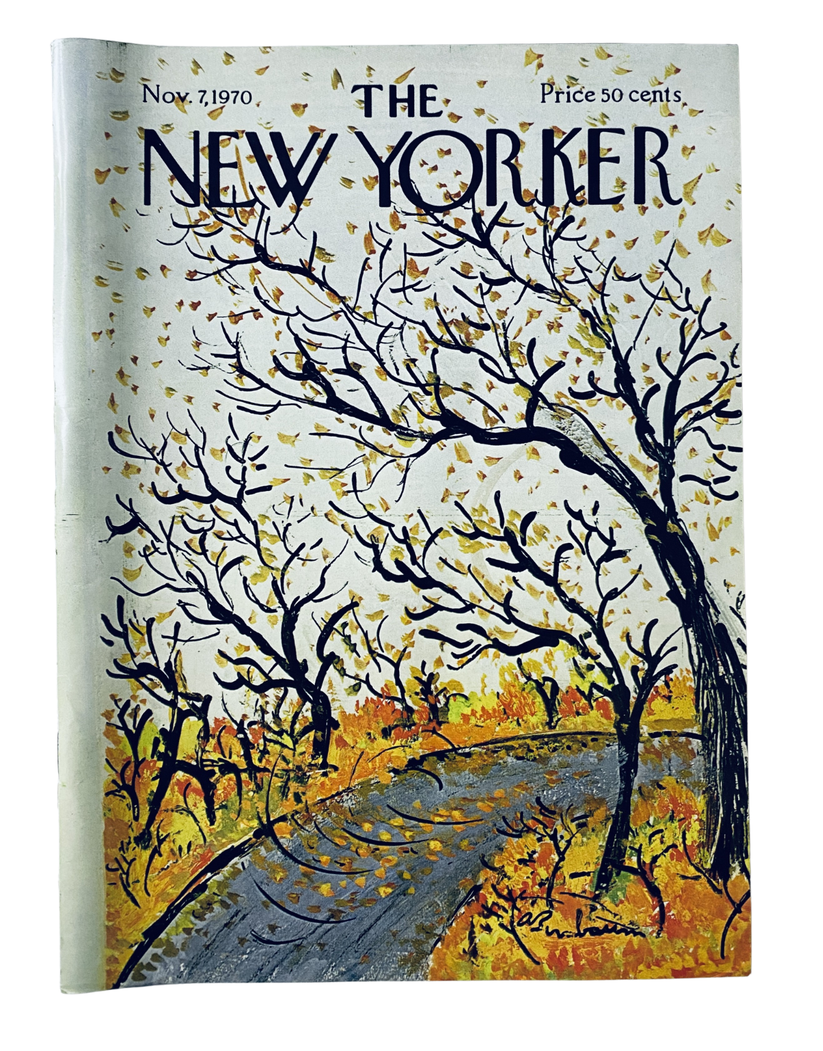 Cover of The New Yorker Magazine from November 7, 1970, featuring a vibrant autumn landscape with trees shedding leaves along a winding road, illustrated by A. Birnbaum.