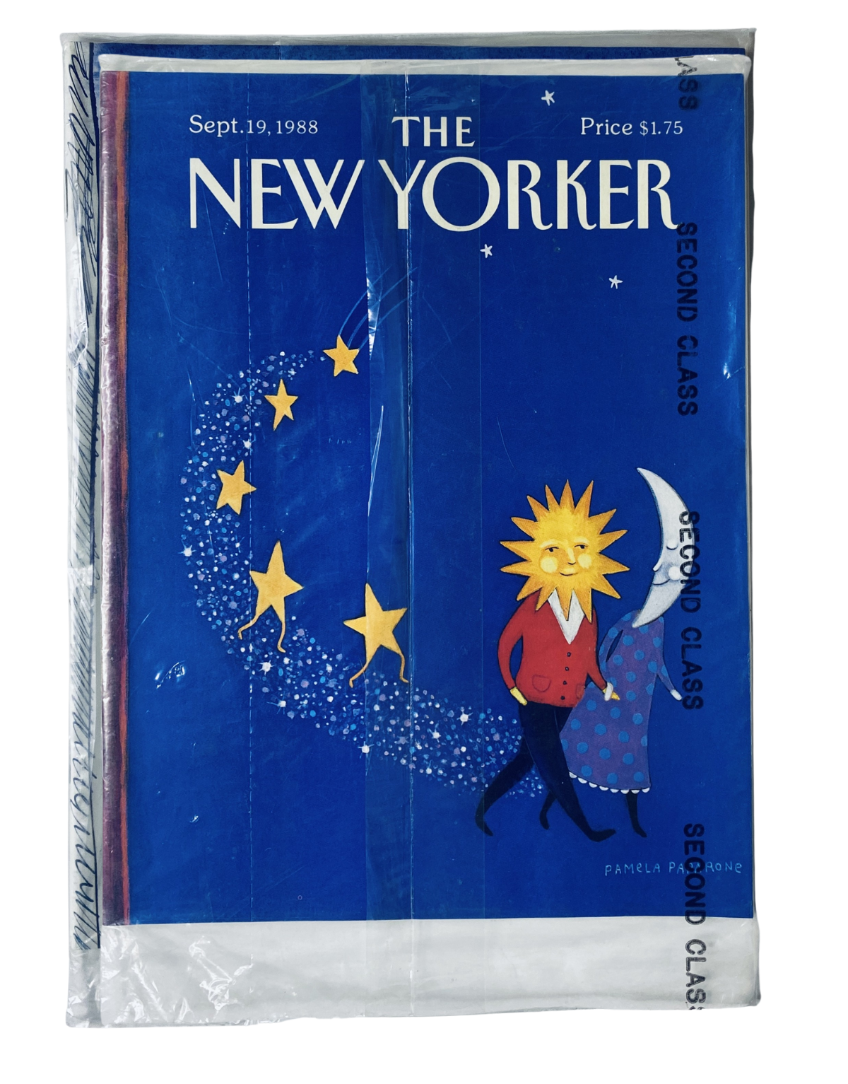 SEALED The New Yorker Magazine September 19, 1988 featuring Sun Moon Stars cover art by Paparone. This vintage magazine is factory-sealed, in brand new condition, ideal for collectors.