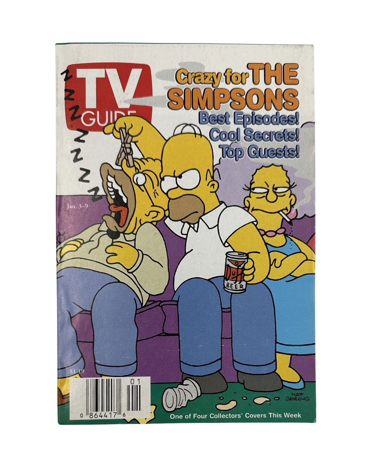 Cover of TV Guide Magazine from January 3, 1998, featuring 'Crazy for The Simpsons' with iconic characters Homer, Marge, and Bart. The issue highlights the best episodes, notable guest appearances, and includes behind-the-scenes secrets.
