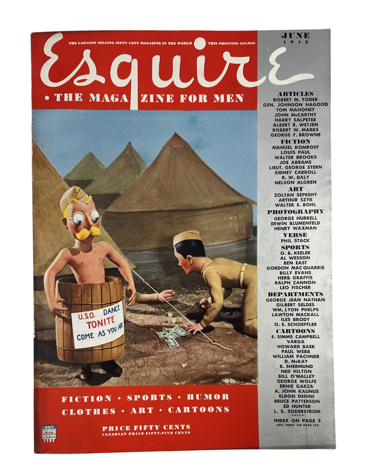 Esquire Magazine June 1942 cover featuring an illustrated war scene with a soldier and a playful caricature. The title reads 'Esquire: The Magazine for Men'. A classic vintage magazine cover highlighting articles on fiction, sports, humor, clothes, and art.