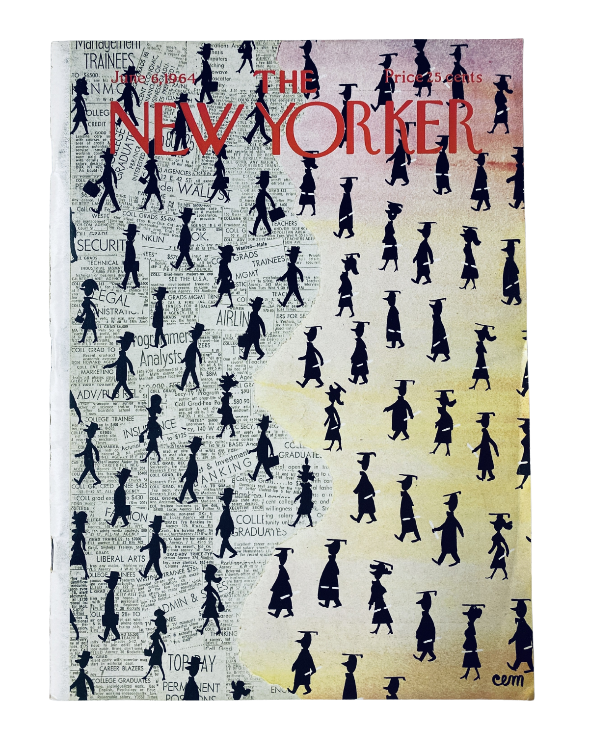 Cover of The New Yorker Magazine June 6, 1964 featuring a graduation crowd design by Charles E. Martin, illustrating figures in caps and gowns against a backdrop of various text elements.