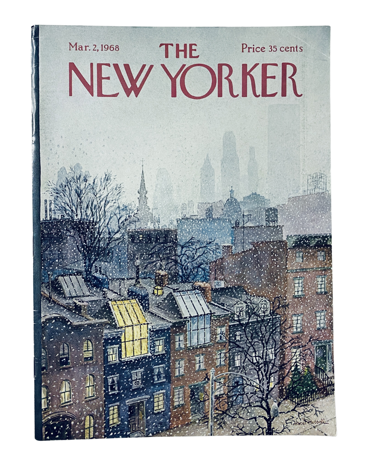 Cover art of The New Yorker Magazine from March 2, 1968, featuring a winter city scene with snow-covered buildings and a moody skyline. Original magazine available for collectors.