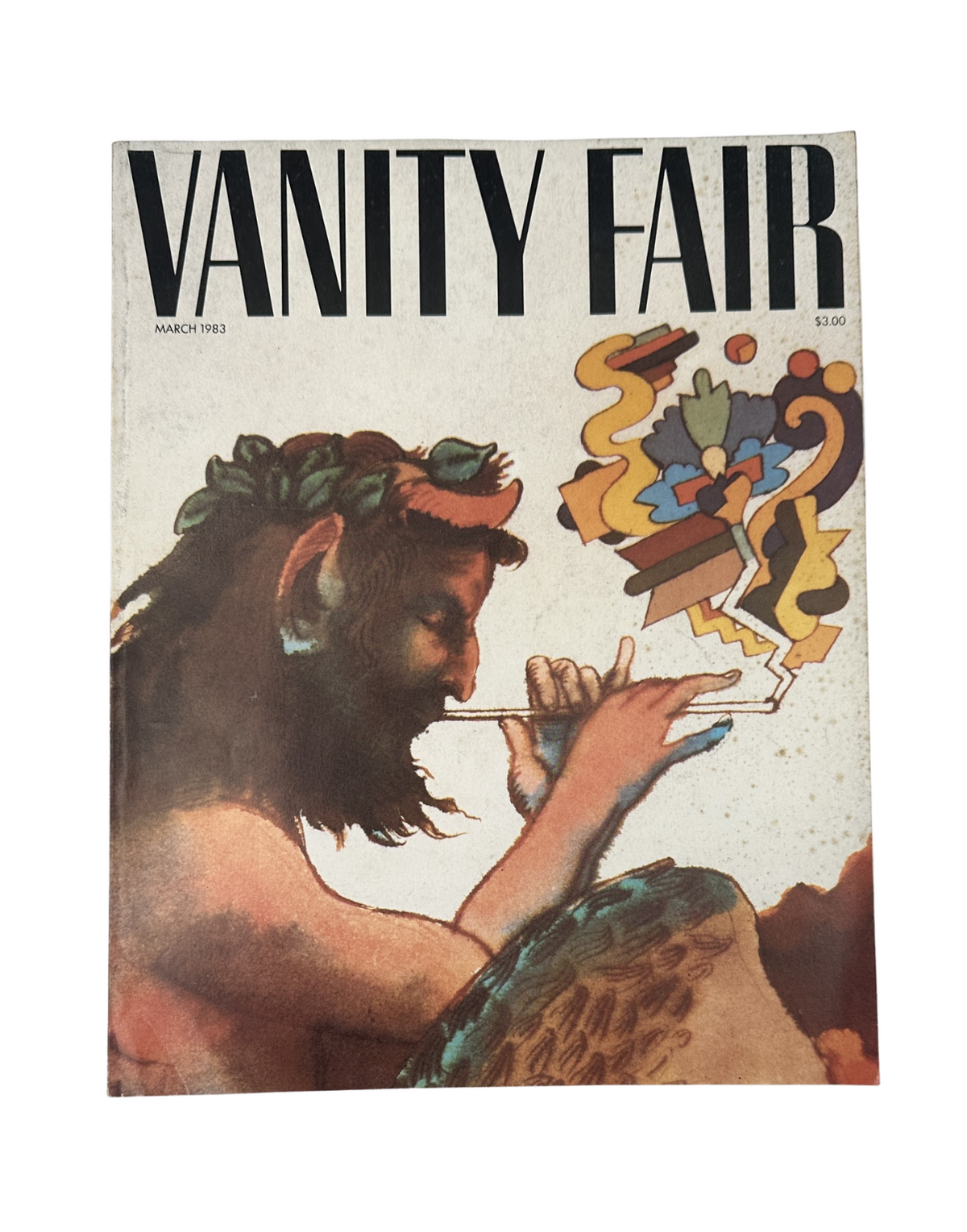 Cover of Vanity Fair Magazine from March 1983 featuring an artistic illustration of a satyr playing a flute, alongside the title 'Vanity Fair' prominently displayed. This issue includes contributions from renowned writers such as Gore Vidal and Gabriel García Márquez.
