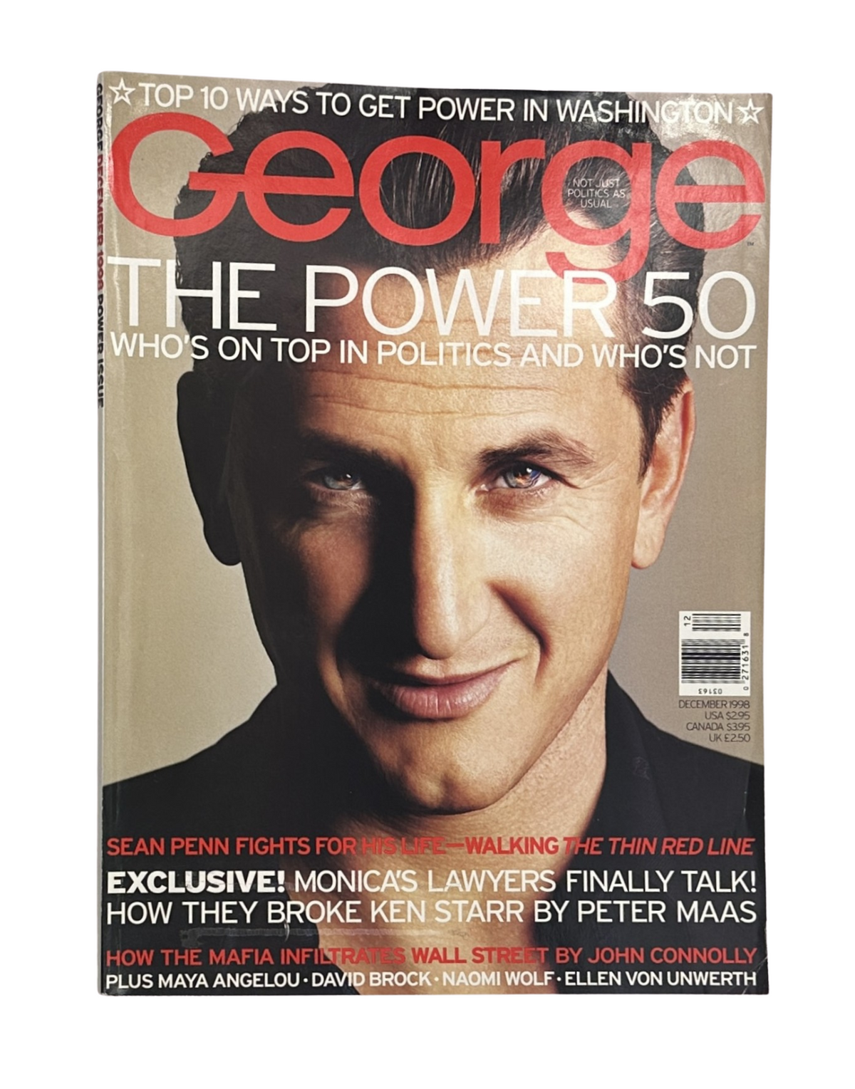 George Magazine December 1998 cover featuring Sean Penn and Monica Lewinsky, highlighting the Power 50 list. The cover includes a bold red and white design with the title and notable headlines.