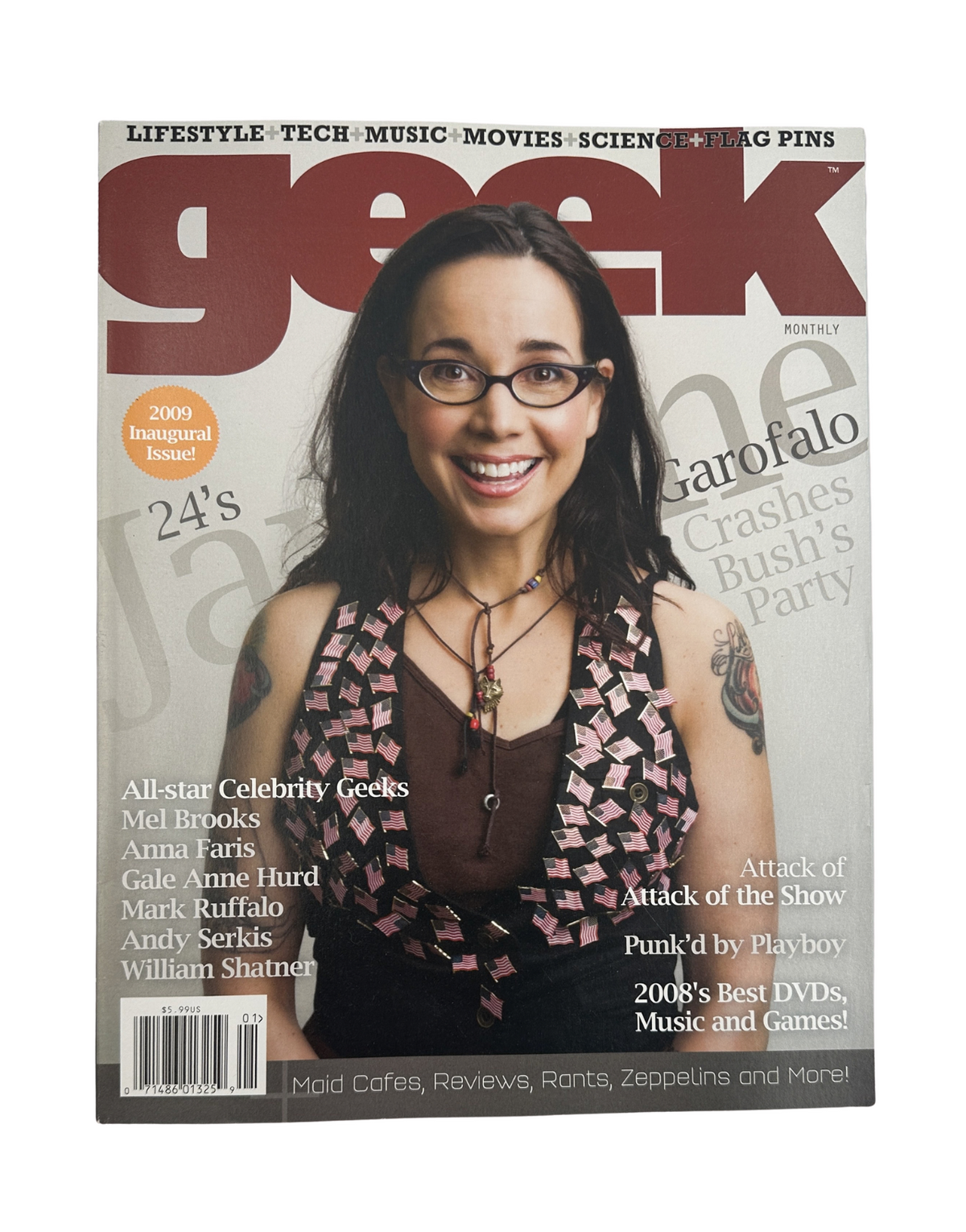 Cover of Geek Magazine January 2009 featuring Janeane Garofalo, with the title 'Geek Magazine January 2009 Janeane Garofalo, Mel Brooks, Anna Faris VG'. The magazine includes features on celebrity geeks and highlights from the past year in entertainment.