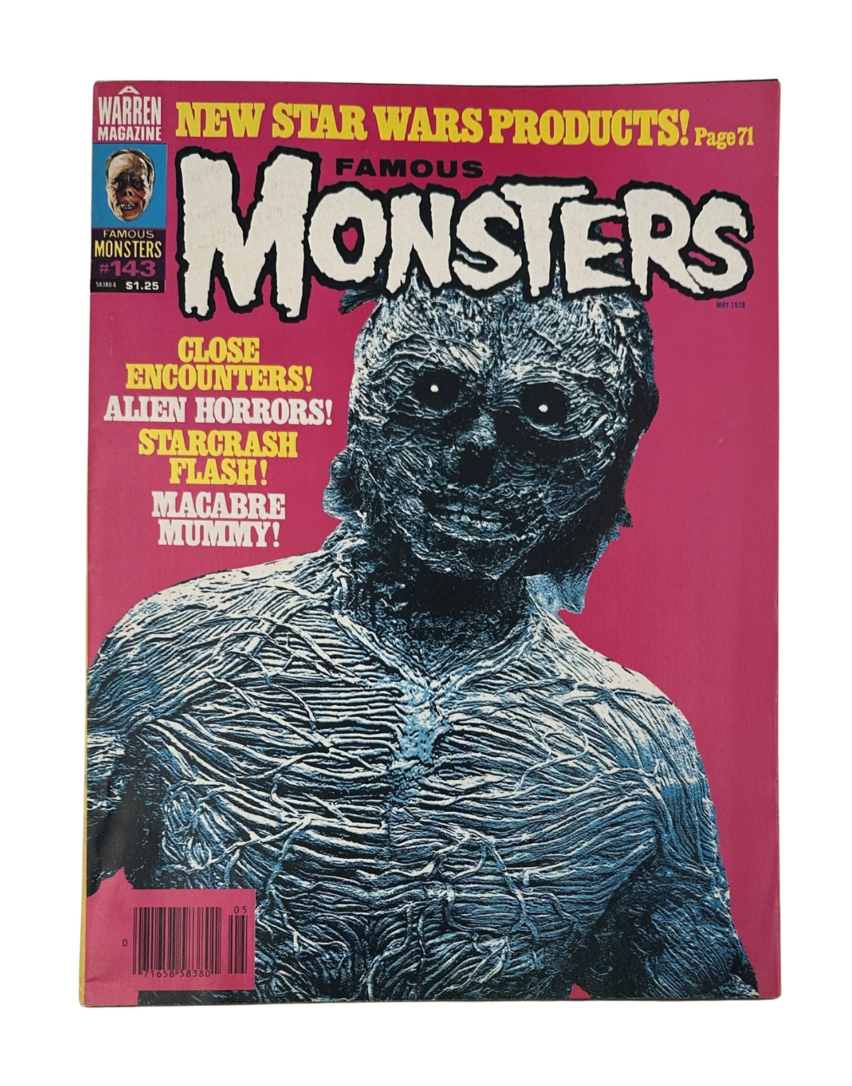 Cover of Famous Monsters of Filmland No. 143 from May 1978 featuring a mummy, aliens, and a preview of Starcrash. The magazine prominently displays the tagline 'Close Encounters! Alien Horrors! Starcrash Flash! Macabre Mummy!' in bold colors.