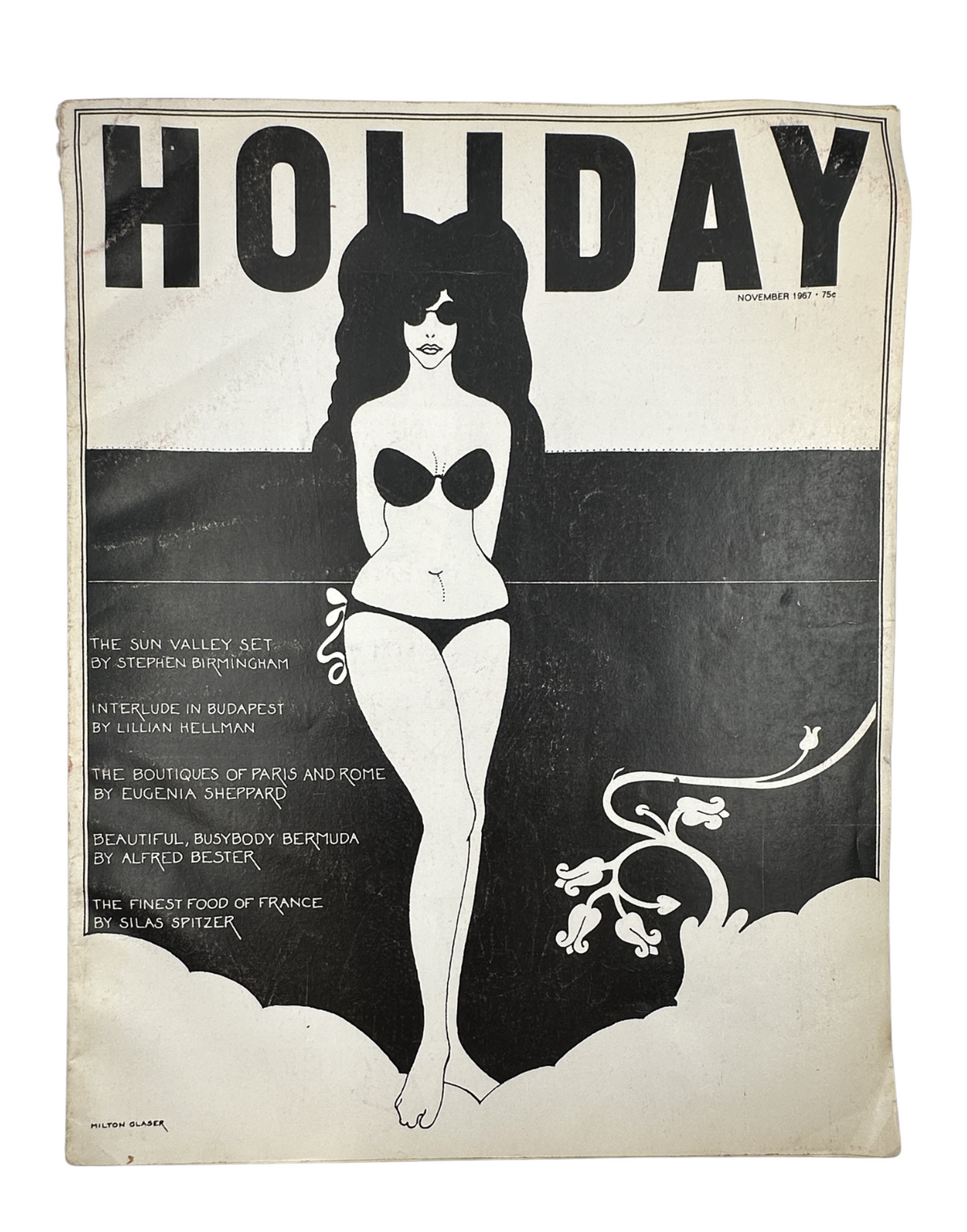 Cover of Holiday Magazine November 1967 featuring an iconic Milton Glaser illustration of a woman in a bathing suit, showcasing art nouveau elements and a vintage aesthetic.