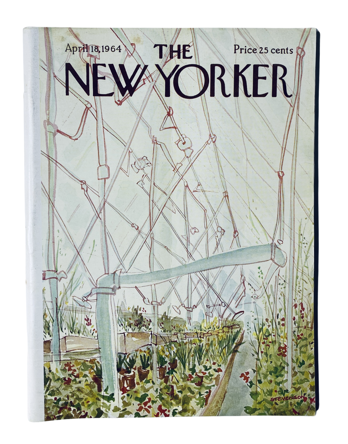 Cover of The New Yorker Magazine from April 18, 1964 featuring a watercolor illustration of a greenhouse garden. Price listed as 25 cents.
