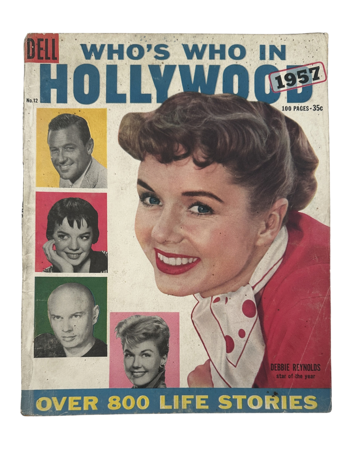 Cover of Who's Who in Hollywood Magazine 1957 featuring Debbie Reynolds as Star of the Year. The magazine showcases vibrant colors with images of various actors and highlights over 800 life stories.