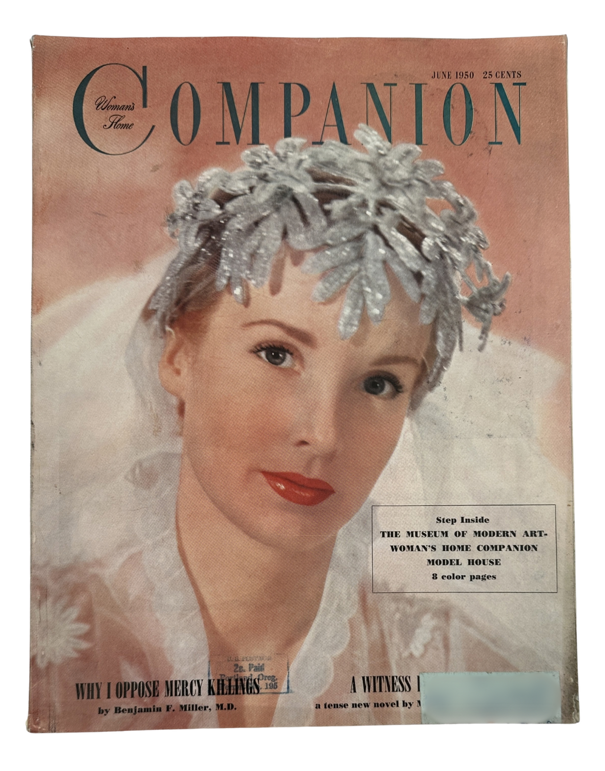 Cover of Woman's Home Companion Magazine, June 1950 featuring a model with a decorative headdress, showcasing the Museum of Modern Art's Model House, designed by Peter Cardozo.