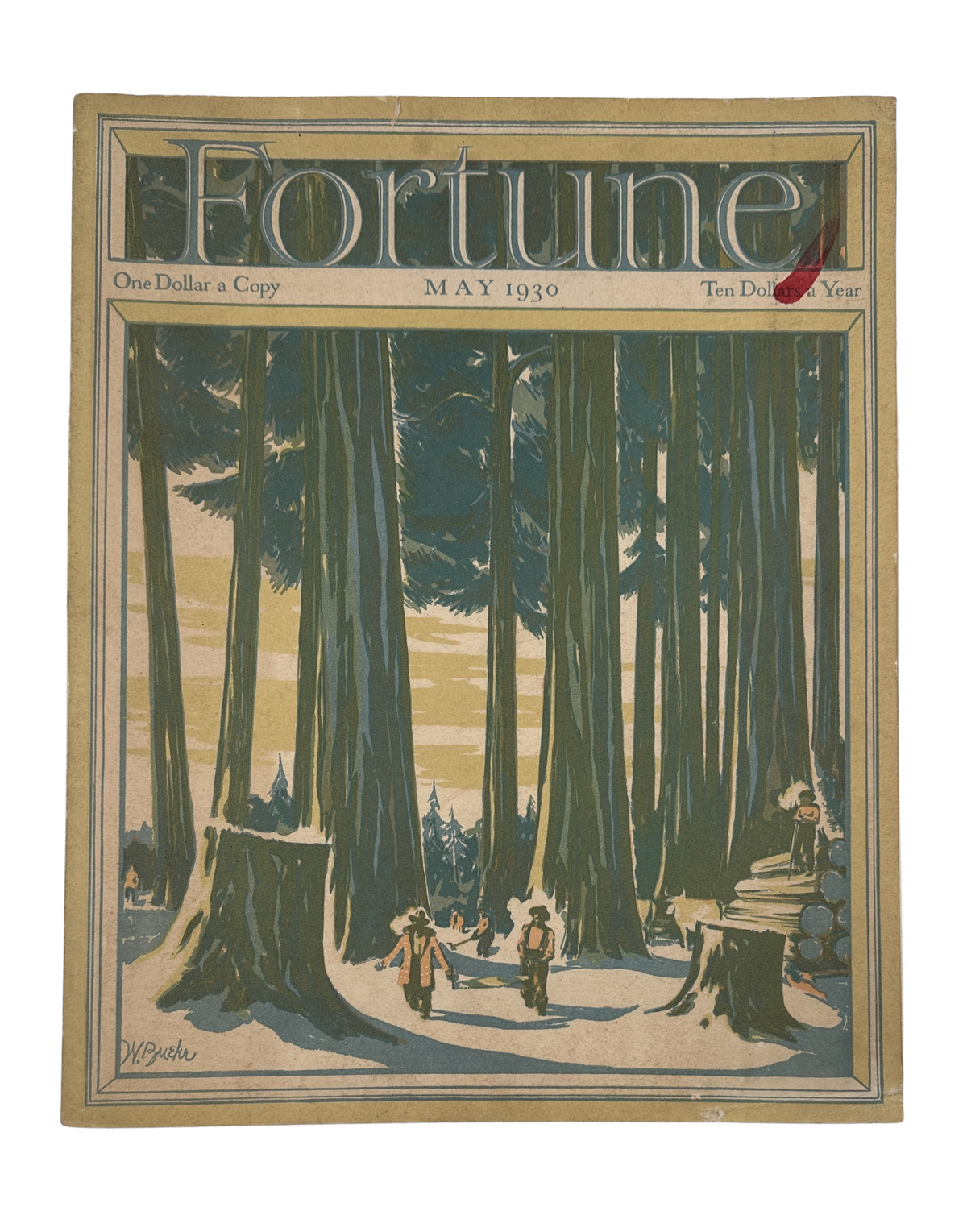 Cover of Fortune Magazine, May 1930 featuring forest lumberjacks and tall trees, showcasing artwork by W. B. Sykes.