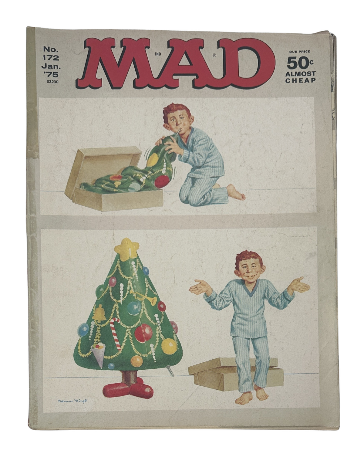 Cover of MAD Magazine No. 172 January 1975 featuring a young boy in pajamas, unboxing Christmas decorations, and a decorated Christmas tree illustration; a nostalgic collectible for comic book and humor magazine enthusiasts.