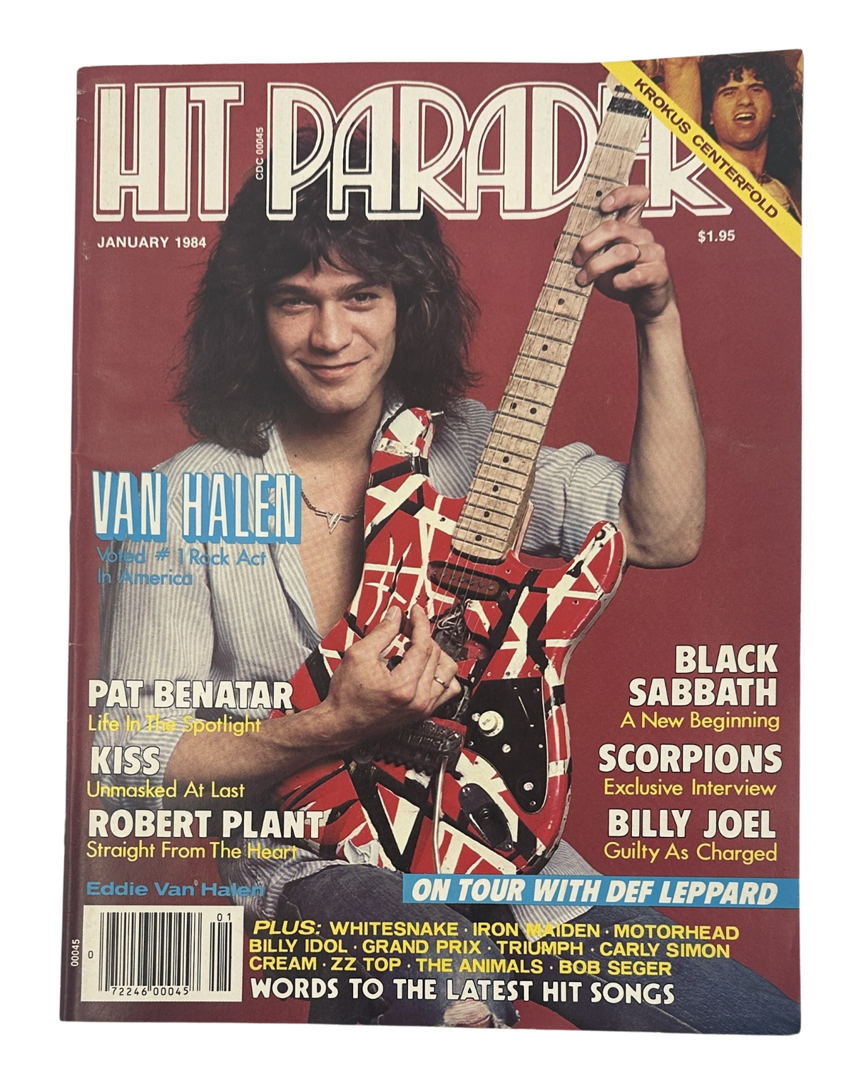 Hit Parader Magazine January 1984 featuring Eddie Van Halen on the cover with his signature guitar. Includes highlights like Scorpions, Kiss, and Pat Benatar in a vintage rock publication.