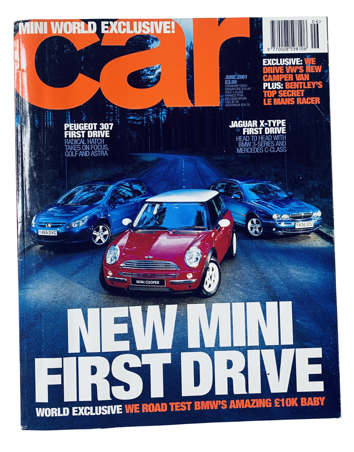 Car Magazine June 2001 cover featuring the New Mini First Drive, Jaguar X-Type, and Peugeot 307, showcasing featured cars in a dynamic outdoor setting.