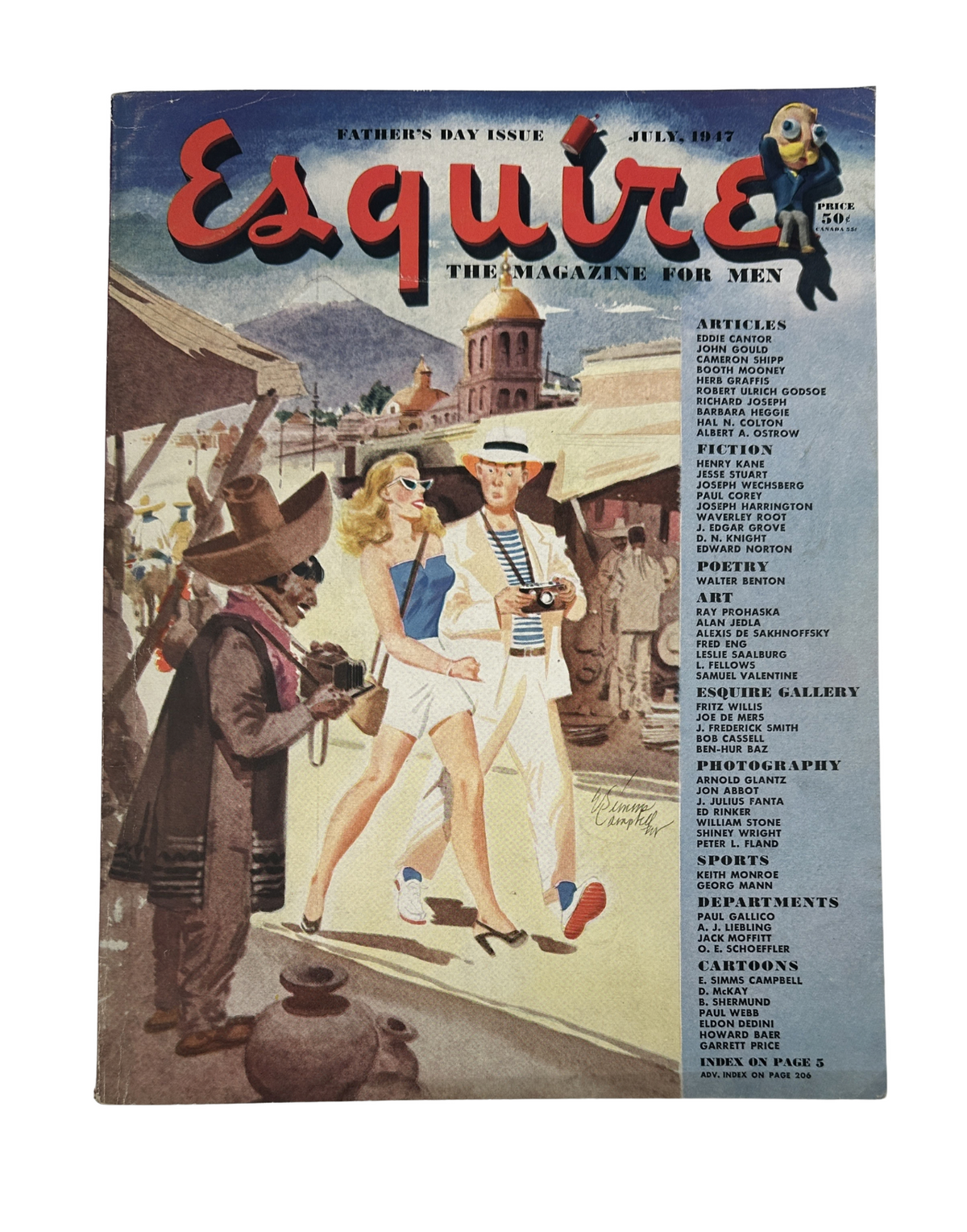 Cover of Esquire Magazine, July 1947 featuring an illustration of a couple navigating a marketplace, emphasizing summer fashion and style.