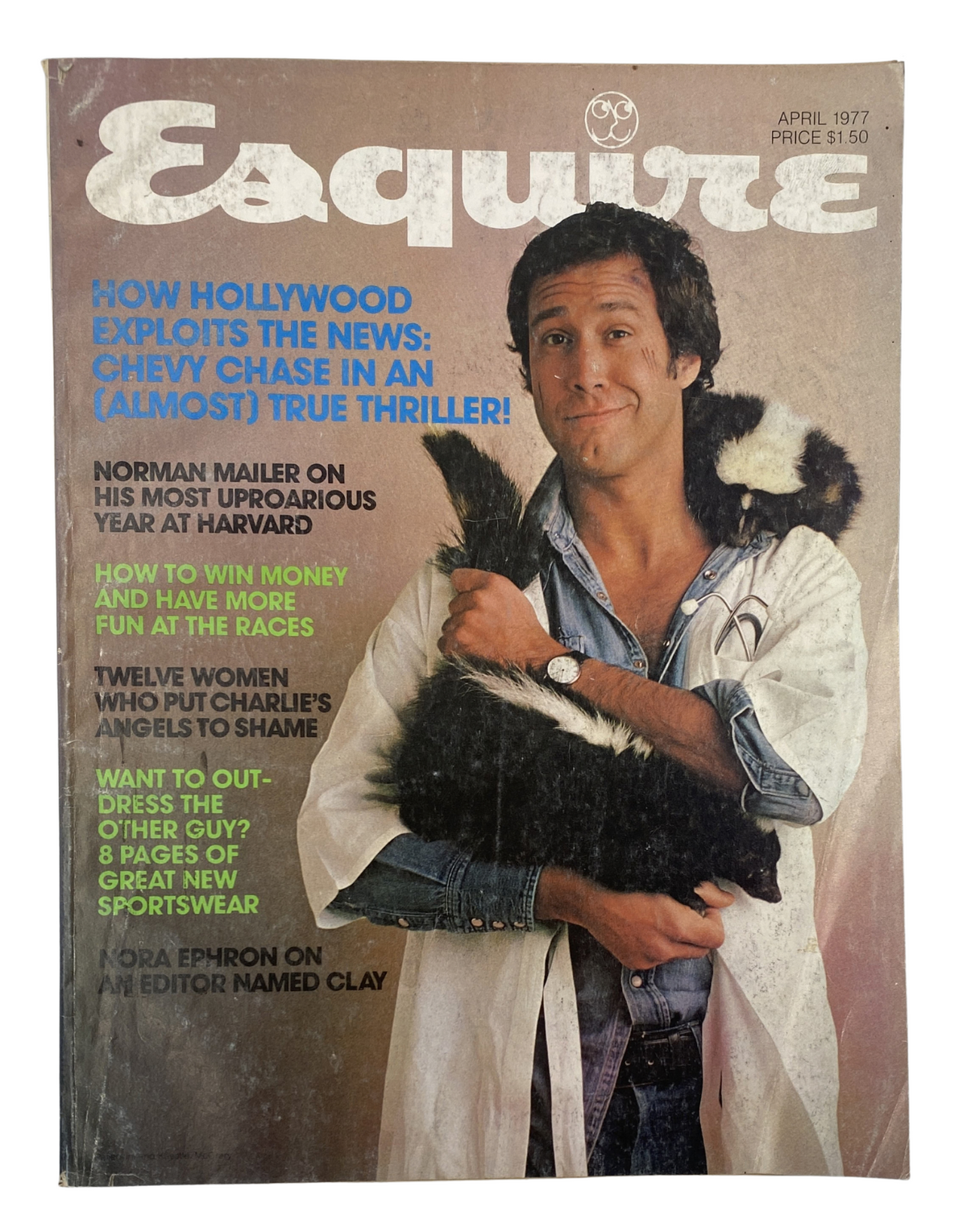 Esquire Magazine April 1977 cover featuring Chevy Chase, showcasing the headline 'How Hollywood Exploits the News' and Norman Mailer's article about Harvard.