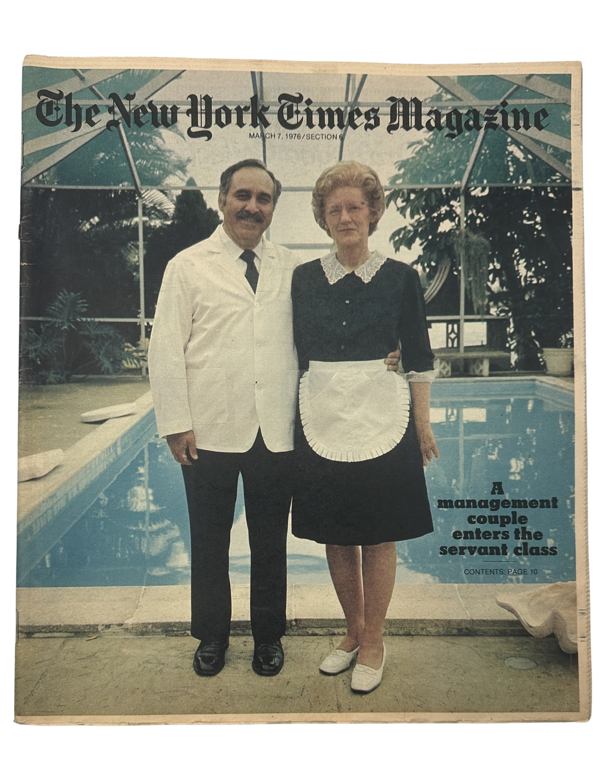 The New York Times Magazine March 7, 1976 cover featuring a management couple, Ed and Mary Cabrini, in their uniforms as butler and cook-housekeeper by a Florida pool.