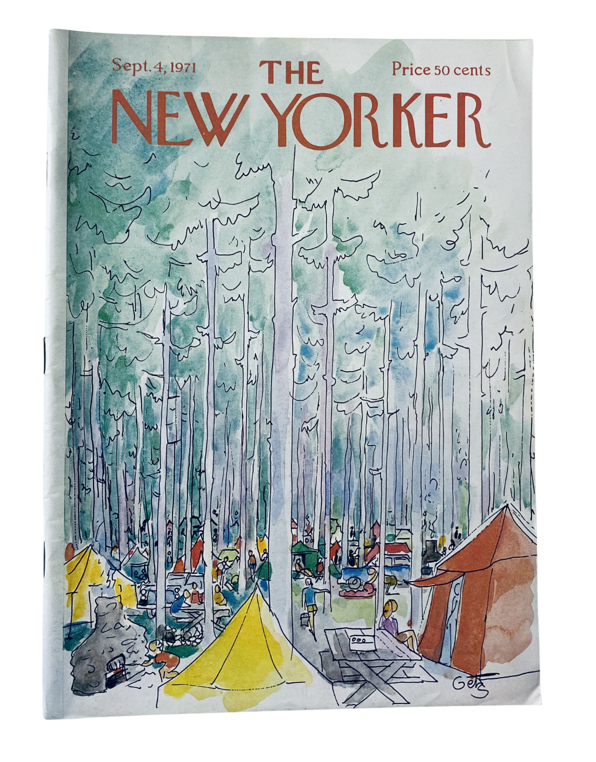 The New Yorker Magazine September 4, 1971 cover featuring a vibrant forest camping scene illustrated by Arthur Getz, showcasing tents, campfires, and campers amidst tall trees.