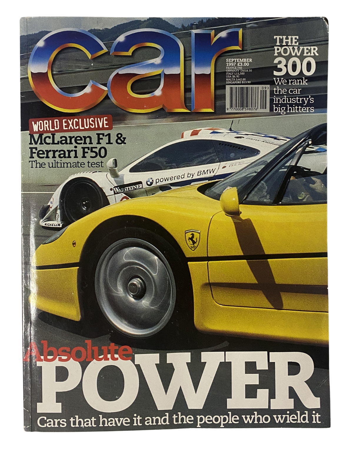 Cover of CAR Magazine September 1997 featuring the McLaren F1 and Ferrari F50 with the headline 'Absolute Power' and a focus on high-performance car rankings.