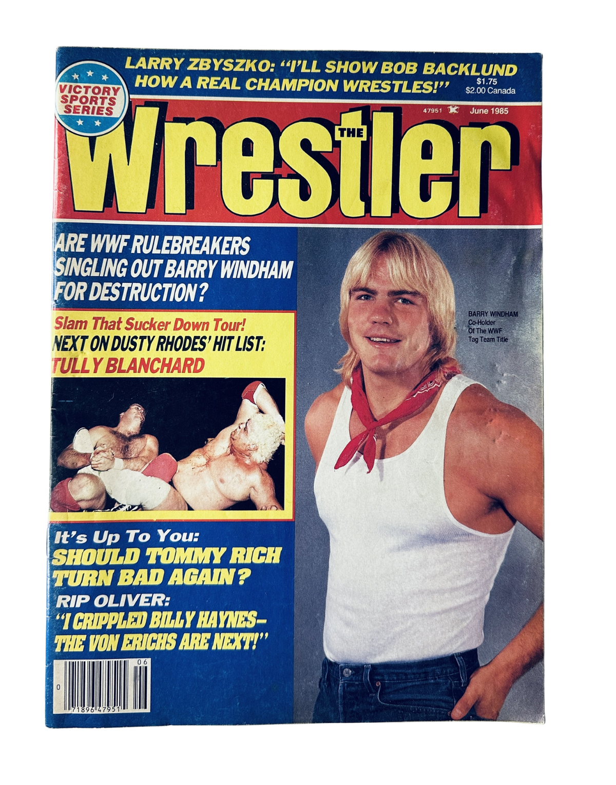 The Wrestler Magazine June 1985 cover featuring Barry Windham, highlights wrestling news including a feature on whether WWF rulebreakers are singling out Barry Windham for destruction.